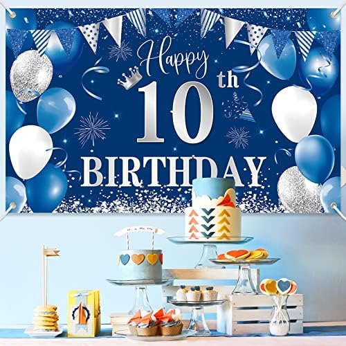 на фона на банер в 10-ти Рожден ден, BTZO Happy 10th Birthday Decorations, Синьо, Сребристо Текстилен Фон за