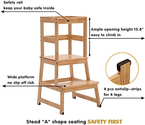 Кухненски стол-стремянка за деца с Предпазни пръчка за кухненски шкафове от масивно дърво (натурален)