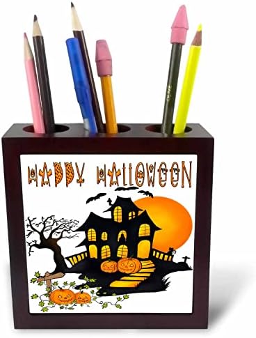 3dRose Happy Halloween Черно духове къща и тиква - поставки за писалки за плочки (ph-369916-1)