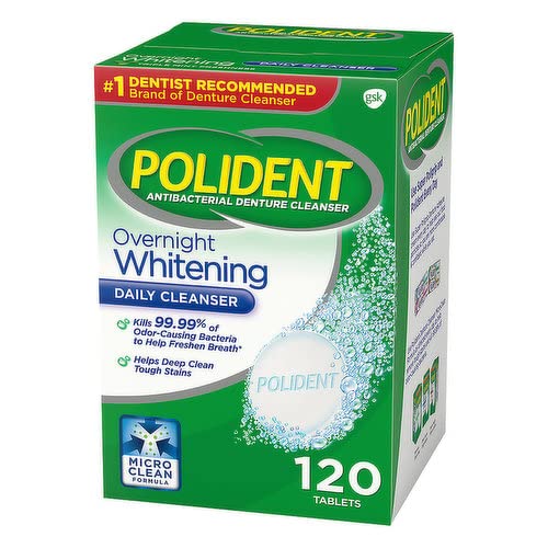 Средство за нощно избелване на зъбни протези, Polident 120 Таблетки В комплект с бамбукова четка за протези Dentu-Care