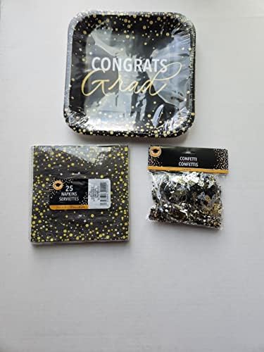 ВИБ - Комплект за връчване на дипломи, Черно и злато, Абитуриентски Черни Салфетки за обяд, 25 карата, Квадратна чиния