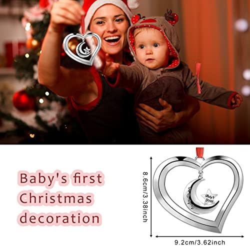 Първото Коледна украса на детето 2021 Коледно Детско бижу Метална Луната и Сърцето Ми е Първата Коледна украса Сребърно Сърце с Извънбордов Любовни Орнаменти за мом?