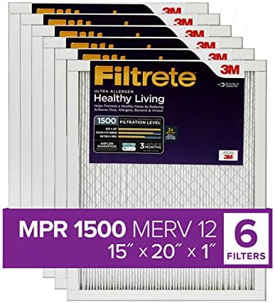 Filtrete 15x20x1, Въздушен филтър за печки ac, MPR 1500, Healthy Living Ultra Allergen, 6 опаковки (точните размери 14,81 x 19,81 x 0,78)
