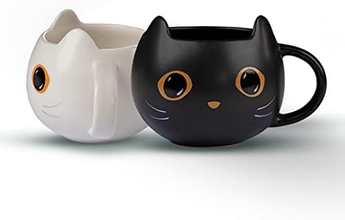 Brewish Приказно подаръци от котешки торта за любителите на котки | Комплект от 2 черно-бели керамични чаши с принтом