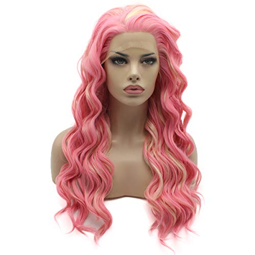 Буйни синтетични перука на дантели, вълнообразни дълъг розов светло кафяво разход перука, свързани ръчно реалистичен перука