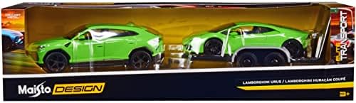 Ламбо Urus Зелено с купе Ламбо Huracan Зелен цвят и Борда на ремарке Комплект от 3 теми Elite Transport Series 1/24 Гласове