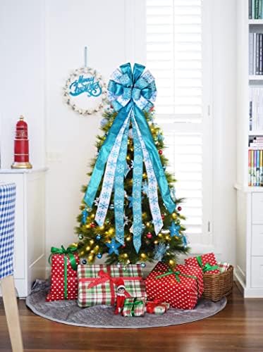 Коледа Коледа в цилиндър, Лък размер 45x13 инча с Бяло и синьо Снежинкой за Коледната украса (Синьо и бяло)