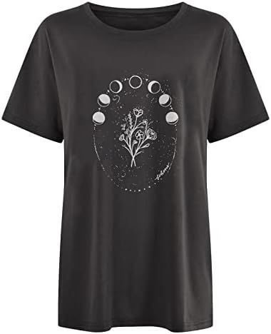 OPGKGNP Дамски тениски с цветен модел на Луната и диви цветя, графични тениски с къс ръкав, Удължен Топ в стила на гаджето си,