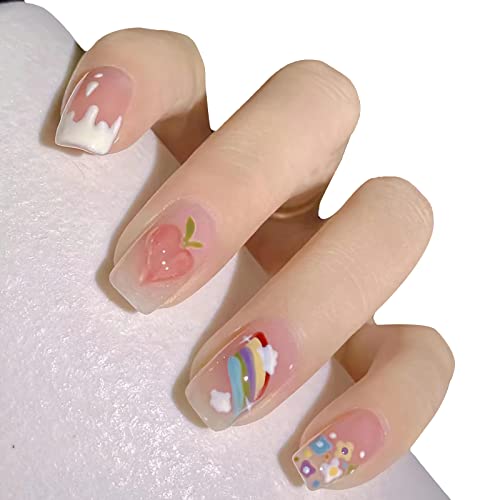 Press on Nails-Кратък Кв. - Лепило върху ноктите с персиковым розови дизайн, Напълно се Покрива с Акрилни режийни ноктите