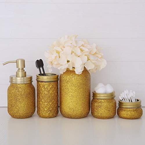 Комплект за баня Quotidian Glitter Mason Jar от 5 теми с Дозатор Сапун, Ваза за цветя, Притежател на четка за зъби за Сватбен