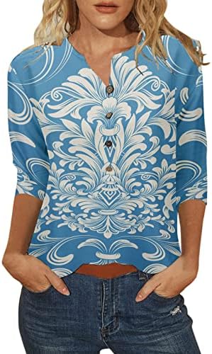 Kaniem Модни Блузи за Жени, Дамски Ежедневни Тениска с кръгло деколте и копчета, Ръкавите е от три Четвърти, Женска