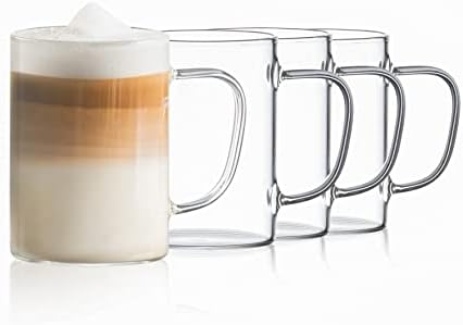 Чаши за еспресо Red Rocks – Комплект от 4 стъклени чаши за еспресо с дръжки – Прозрачни чаши за кафе с капацитет от