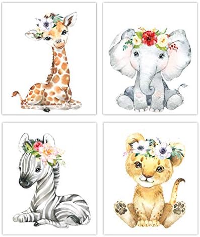 Designs by Maria Inc Комплект от 4 акварельных рисунки с животни под формата на Цветя на Короната, БЕЗ рамка
