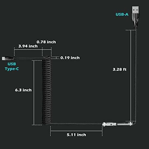 Обичай Спирален кабел за клавиатура HONKID, 4,9 фута от USB-C-USB-A с 4-пинов метална сърцевина Aviator USB