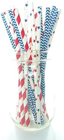 сламки за партита на 4 юли, САЩ, червени, бели и сини хартиени сламки за партита (25 опаковки) - патриотични принадлежности за барбекю в Америка