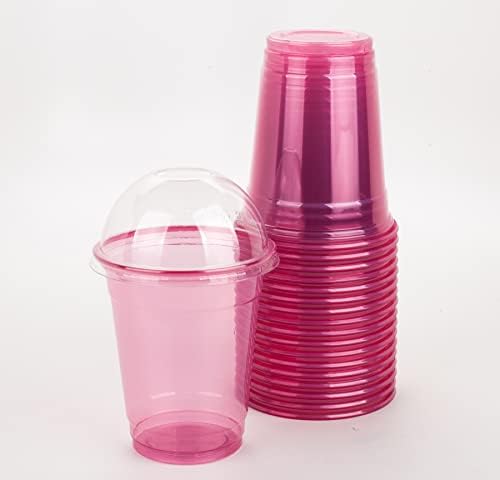 ЗЛАТНА ЯБЪЛКА, серия от цветни чашки 12 унции 30 комплекта е в розово-червени пластмасови чашки с прозрачна плосък капак