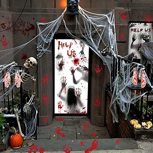 Декорации за прозорците за Хелоуин, Плакати със зомбита - 3 бр, Огромни Кървави Отпечатъци от ръце, Силуети Зомбита, Зловеща Работа с Прозорци, боядисани Стени, Дръжк