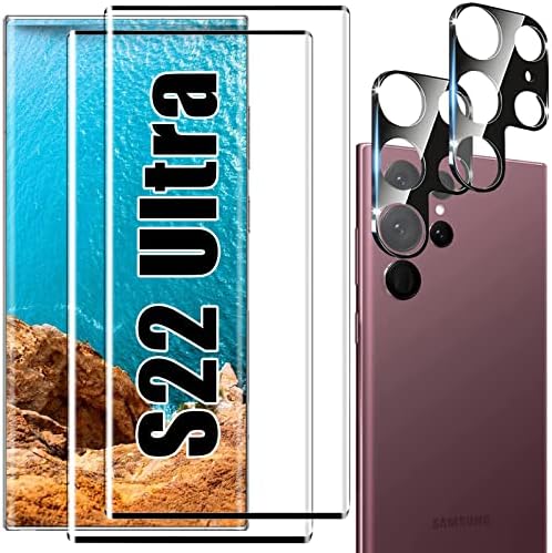 [2 + 2] Защитно фолио за дисплея на Galaxy S22 Ultra, закалено стъкло 9H, Ултразвукова подкрепа на пръстови отпечатъци, 3D извити, HD Прозрачен, устойчив на надраскване за Samsung Galax