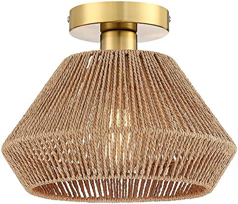 Тавана лампа от ратан LAMPRESSION с мед козирка, 11-инчов Лампа с Въжен абажуром ръчно изработени, Тавана лампа впечатлява