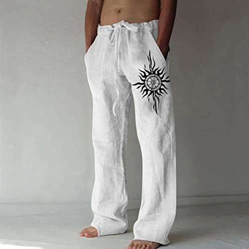 Мъжки Ленени Панталони Големи размери, Плажни Ежедневни Пижамные Панталони с Изображение на Слънцето, Еластичен