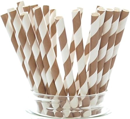 Кафяви Хартиени сламки в винтажную ивица - 25 броя В опаковка - Използвайте като пръчки за печене, Сламки за пиене или Пълнеж за кифли, Кафяви сламки в ивицата