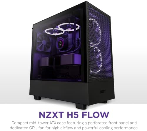 Игри корпус NZXT H5 Flow Compact ATX за PC със средна височина на корпуса – Перфорирана предна престилка с висок въздушен поток – Страничен панел от закалено стъкло – Управле