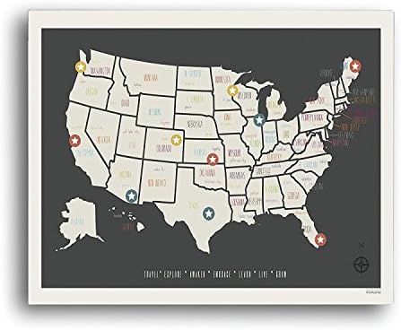 Стенен Арт Принт с Карта за пътуване в САЩ, Персонализирана Карта за Пътуване, Разпечатки с Размер 18x24 Инча, Детска Карта