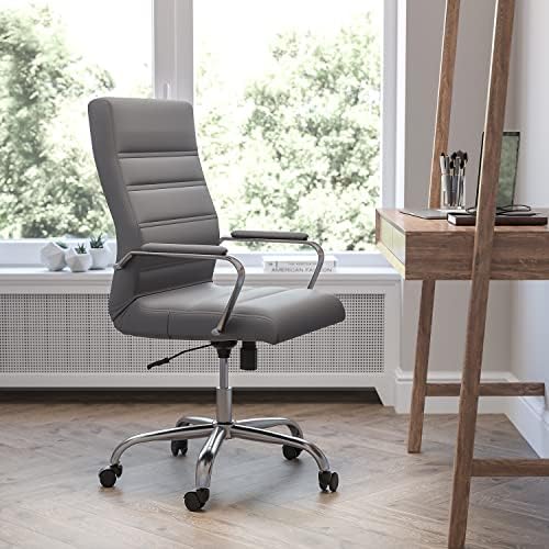 Работно стол Flash Furniture Whitney с висока облегалка - Сиво Офис стол за мениджъри от изкуствена кожа с Хромирана рамка - Стол с Въртящи се подлакътници
