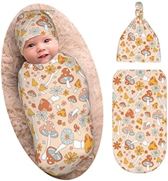 Сладки Бебешки Неща с Гъби, Пеленальное Одеяло за бебе с Комплект шапки за еднократна употреба, Меко и Еластично