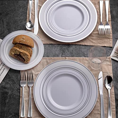 WDF 120ШТ Пластмасови Чинии за партита в бяло Сребърен Ободке - за Еднократна употреба Пластмасови чинии, в това число 60 Пластмасови места за хранене чинии 10,25-инчов, 60