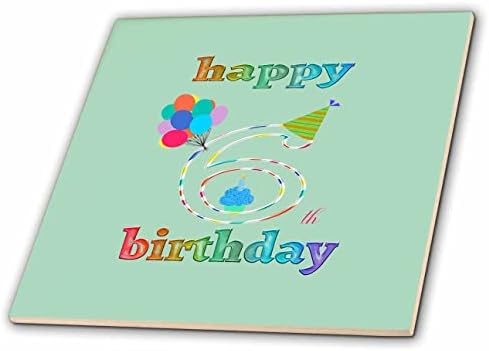 3dRose с 6-ти рожден ден торта със свещ, балони, шапки, цветни плочки (ct_350733_1)