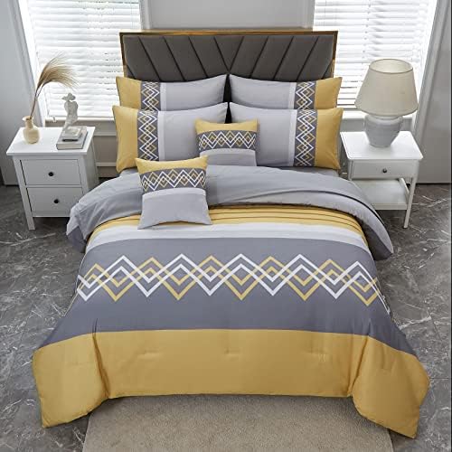 Комплект завивки райе в стил мозайка enuullao Размер Queen Size Легло в леглото от 6 теми, Сиво-Жълто Комплект