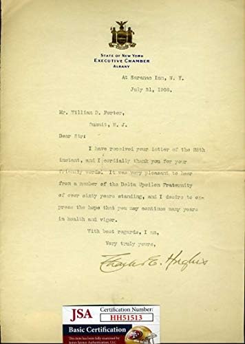 Съдия Чарлз Евънс Хюз Сертификат за JSA Собственоръчно Подписано Писмо 1908 г. с Автограф на съдия от Върховния съд