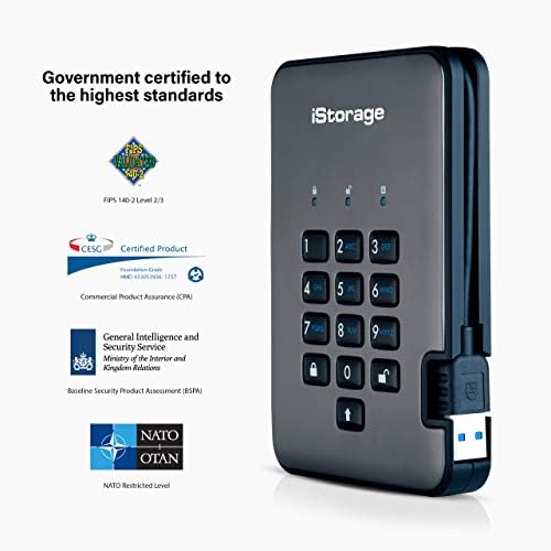 IStorage diskAshur PRO2 HDD 500GB Защитен портативен твърд диск, сертифициран FIPS Level 3 - защитен с парола, прах и водоустойчив,