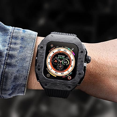 SKXMOD Луксозен Комплект модификация на Apple Watch 8 Ultra 49 мм и Каишка от Фторкаучука Калъф, изработени от въглеродни влакна за Iwatch 8 7 6 5 4 SE 45 мм 44 мм
