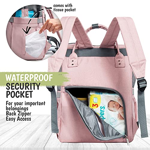 Раница-чанта за памперси KeaBabies и комплект детски мочалок - Водоустойчив Мултифункционална чанта за пелени (Розово-сива) - Кърпа за лице за дете, възрастен и бебе (бле?