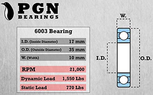 Носещи PGN (10 бр) 6003-ZZ - Фланец сачмен лагер от хромирана стомана със смазка - Лагери размер 17x35x10 мм с метален екран
