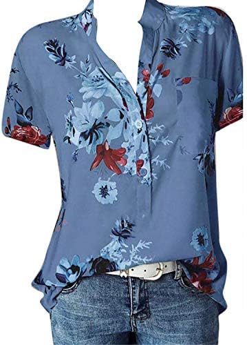 Женска тениска с V-образно деколте и копчета Голям Размер с Флорални Принтом, Градиент Блуза С Къси ръкави, Най-Туники
