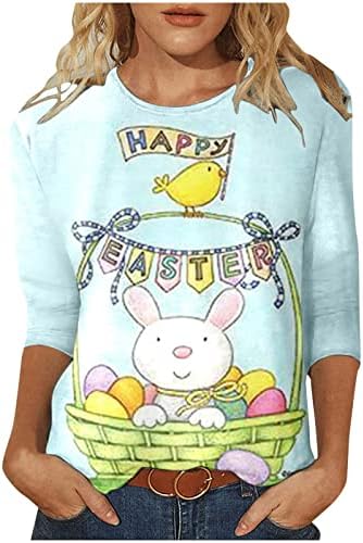 Женска тениска с шарени Великденски яйца и Заек с 3/4 ръкав, Удобни Ежедневни Блузи за Момичета, Летни Тениски с кръгло деколте,