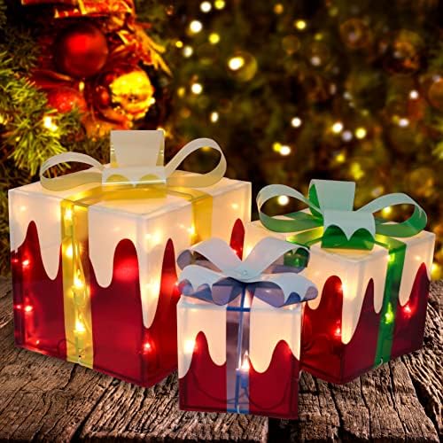 Joiedomi Комплект от 3 Подарък Кутии с Подсветка на Снежна Коледа, Предварително осветени Светлинна Декоративна Подарък Кутия