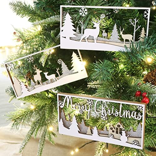 Табела с Декорации за Коледната трапеза Treory, 3 бр Коледно Дърво от Лосове, Снежинка Весела Коледа, Вид на сняг, Коледни Дървена Украшение, Коледен Декор маса в Селски