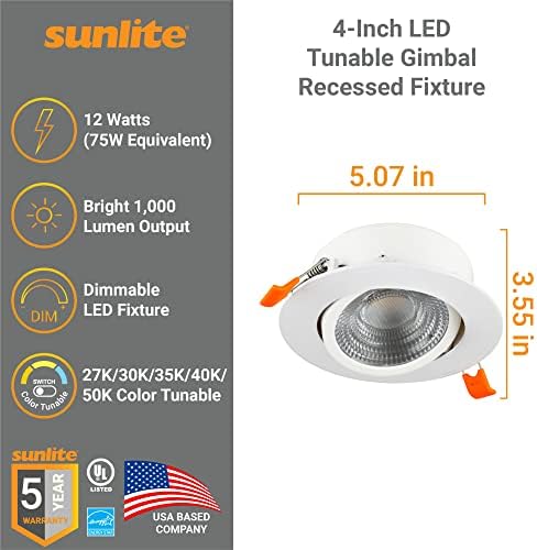 Sunlite 82083 4-Инчов Кръг-Вградени лампа на спирането, 12 W, 1000 Лумена, С възможност за настройка на цветовете 27/30/35 / 40 ДО / ОТ 50 ДО 80 CRI, С регулируема яркост, е в списъка на UL, М