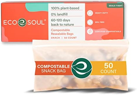 ECO SOUL Компостируемые пакети за закуски [50 броя] [3,4 x7] Покриване на Опаковки за хранителни продукти, Опаковки
