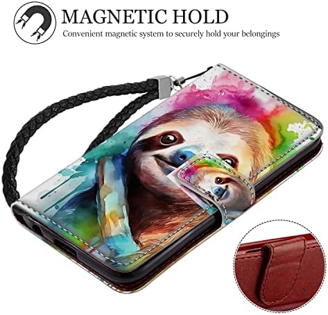 SHENCANG СИНЯ чанта-портфейл за Samsung Galaxy S22, дизайнерски калъф Сладко Sloth Art-13, панти калъф за телефон, държач за кредитни карти, каишка за китката, отделение за каботажнит