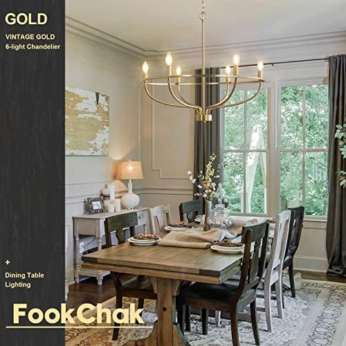 Полилей FookChak 6-Light Gold, Реколта Полилей във формата На Свещ, Трапезария Полилей Над масата за Спални, Хол, Кухня,