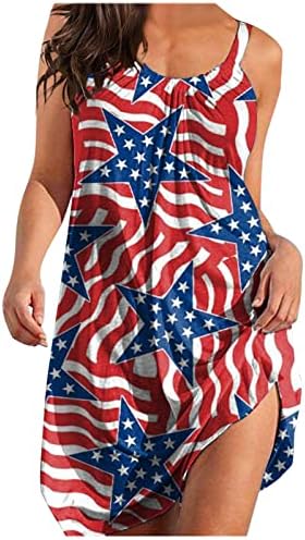 Рокли на 4 юли за Жени, Лятно Плажно Ежедневна Рокля в стил Бохо, Флаг на САЩ, Без ръкав, С Кръгло Деколте,