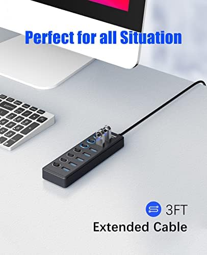 Хъб VANOTOM USB 3.0, 7-Портов USB хъб-сплитер с led Индивидуални ключове за включване / изключване и с дълъг кабел с дължина