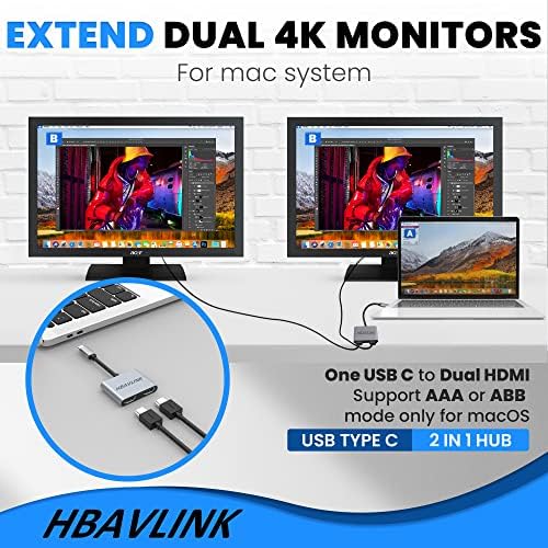 HBAVLINK USB C до Двойно адаптер за HDMI за два монитора 【w / 2 pack HDMI Кабел】, Адаптер за два монитора с разширен дисплей