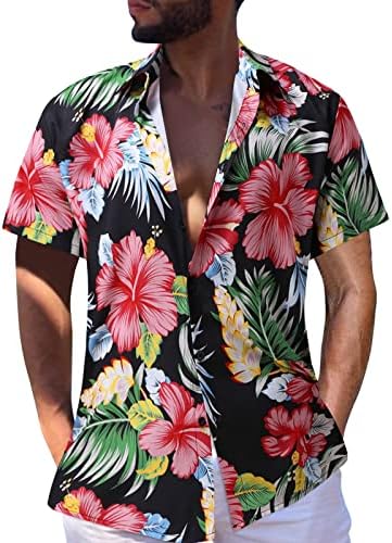 XXVR Мъжки Хавайски Ризи, Летни С Къс Ръкав, Тропически Цветя Принтом, Копчета, Свободно Cut, Плажна Риза Алоха