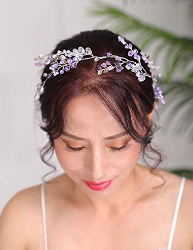 Denifery Лилава сватба лоза за коса за младоженци лилави шапки от кристали лозя за коса от естествен камък, Аксесоари